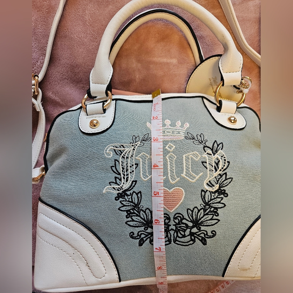 Juicy Couture Denim Heritage Satchel Blue & White with Heart Charm - Picture 10 of 11